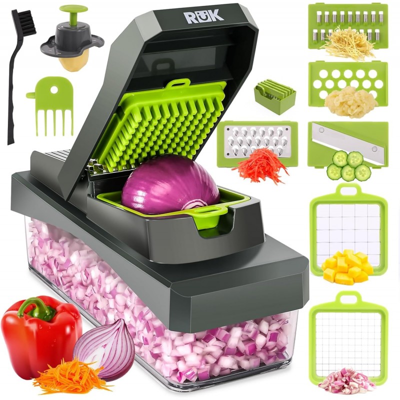 RüK 10-in-1 Vegetable Chopper – 6 Blade Veggie Chopper with Container, Food Dicer, Onion Cutter, Cheese Grater, Mandoline Slicer, Kitchen Gadgets & Home Essentials (Gray)