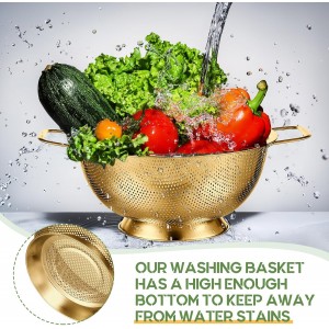 Bokon 3 Pcs Stainless Steel Colander Set Colander Bowl and Sieves 1/3/5 Quart Metal Mesh Strainer Net Basket with Handles Food Spaghetti Strainer for Kitchen Draining Pasta Rinsing(Gold)