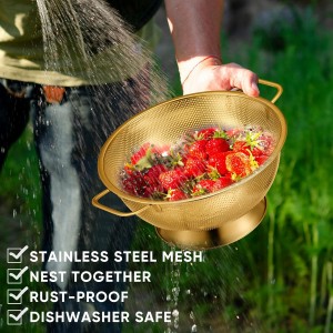 Bokon 3 Pcs Stainless Steel Colander Set Colander Bowl and Sieves 1/3/5 Quart Metal Mesh Strainer Net Basket with Handles Food Spaghetti Strainer for Kitchen Draining Pasta Rinsing(Gold)