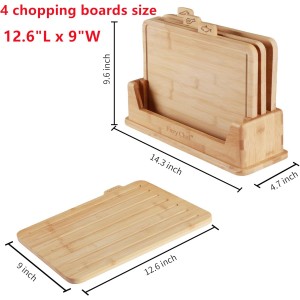 12.6"L x 9"W Bamboo Cutting Board Set of 4 - Wood Cutting Board Set with Holder, Chopping Boards Set with Food Icons, Juice Groove - Ideal for Meat, Fish, Bread, Vegetable, Fruit Chopping