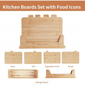 12.6"L x 9"W Bamboo Cutting Board Set of 4 - Wood Cutting Board Set with Holder, Chopping Boards Set with Food Icons, Juice Groove - Ideal for Meat, Fish, Bread, Vegetable, Fruit Chopping