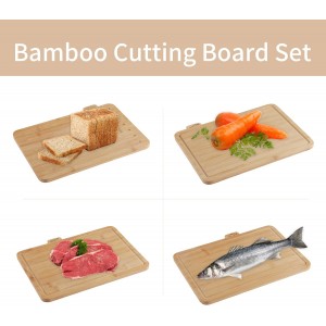12.6"L x 9"W Bamboo Cutting Board Set of 4 - Wood Cutting Board Set with Holder, Chopping Boards Set with Food Icons, Juice Groove - Ideal for Meat, Fish, Bread, Vegetable, Fruit Chopping