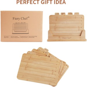 12.6"L x 9"W Bamboo Cutting Board Set of 4 - Wood Cutting Board Set with Holder, Chopping Boards Set with Food Icons, Juice Groove - Ideal for Meat, Fish, Bread, Vegetable, Fruit Chopping