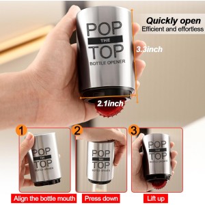 2PCS Beer Bottle Opener with Magnetic Cap, Automatic Stainless Steel One-Handed Bottle Cap Opener, Spring Loaded Push&Pop for Kitchen Home Bar Restaurant Household Utensils Destapador de Cerveza