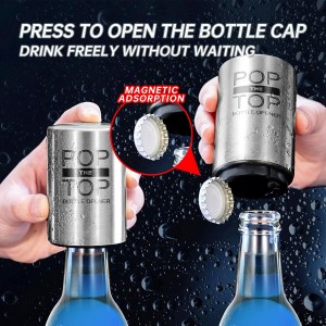 2PCS Beer Bottle Opener with Magnetic Cap, Automatic Stainless Steel One-Handed Bottle Cap Opener, Spring Loaded Push&Pop for Kitchen Home Bar Restaurant Household Utensils Destapador de Cerveza