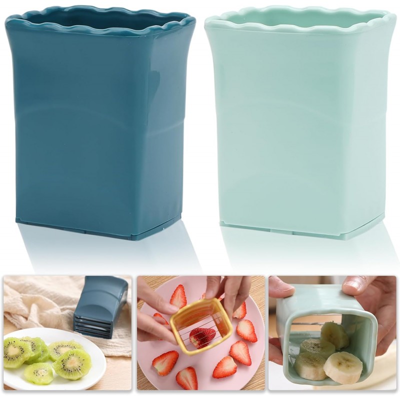 Tulobi 2-Piece Fruit Slicer Set, Stainless Steel, Mini Cup Slicer, Quick Salad Maker, Creative Kitchen Gadget (Navy Blue + Cyan)