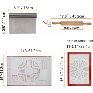 GreatChef Wood Rolling Pin 17.8 Inch for Dough with Pastry Scraper/Cutter & 2 PCS Heat-resistant Silicone Baking Mat, Non-stick, for Cookie, Pie, Macaroon, bread, Baking Pasry Tools Set