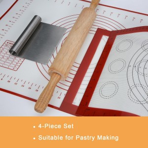 GreatChef Wood Rolling Pin 17.8 Inch for Dough with Pastry Scraper/Cutter & 2 PCS Heat-resistant Silicone Baking Mat, Non-stick, for Cookie, Pie, Macaroon, bread, Baking Pasry Tools Set