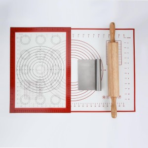 GreatChef Wood Rolling Pin 17.8 Inch for Dough with Pastry Scraper/Cutter & 2 PCS Heat-resistant Silicone Baking Mat, Non-stick, for Cookie, Pie, Macaroon, bread, Baking Pasry Tools Set