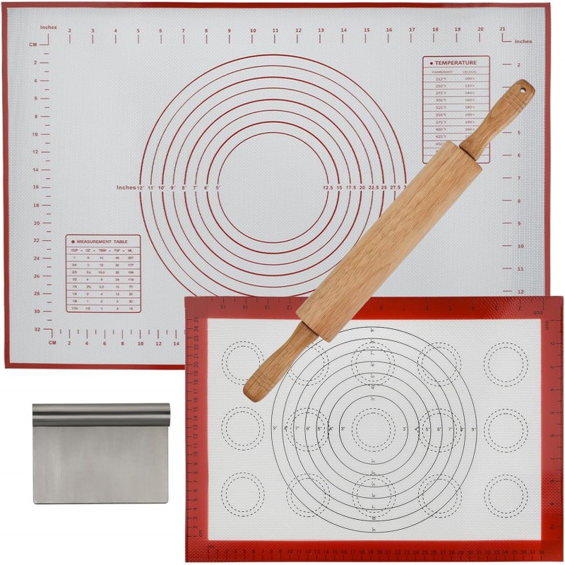 GreatChef Wood Rolling Pin 17.8 Inch for Dough with Pastry Scraper/Cutter & 2 PCS Heat-resistant Silicone Baking Mat, Non-stick, for Cookie, Pie, Macaroon, bread, Baking Pasry Tools Set