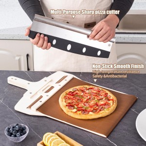 Sliding Pizza Peel, Pizza Slider Paddle with Pizza Cutter Rocker, Non-Stick Pizza Peel Slider with Handle Detachable Transfers Pizza Pie, 12” Wood Sliding Pizza Peel with Replacement Cloth