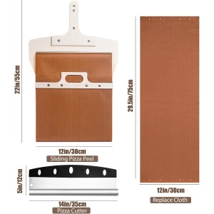 Sliding Pizza Peel, Pizza Slider Paddle with Pizza Cutter Rocker, Non-Stick Pizza Peel Slider with Handle Detachable Transfers Pizza Pie, 12” Wood Sliding Pizza Peel with Replacement Cloth