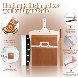 Sliding Pizza Peel, Pizza Slider Paddle with Pizza Cutter Rocker, Non-Stick Pizza Peel Slider with Handle Detachable Transfers Pizza Pie, 12” Wood Sliding Pizza Peel with Replacement Cloth