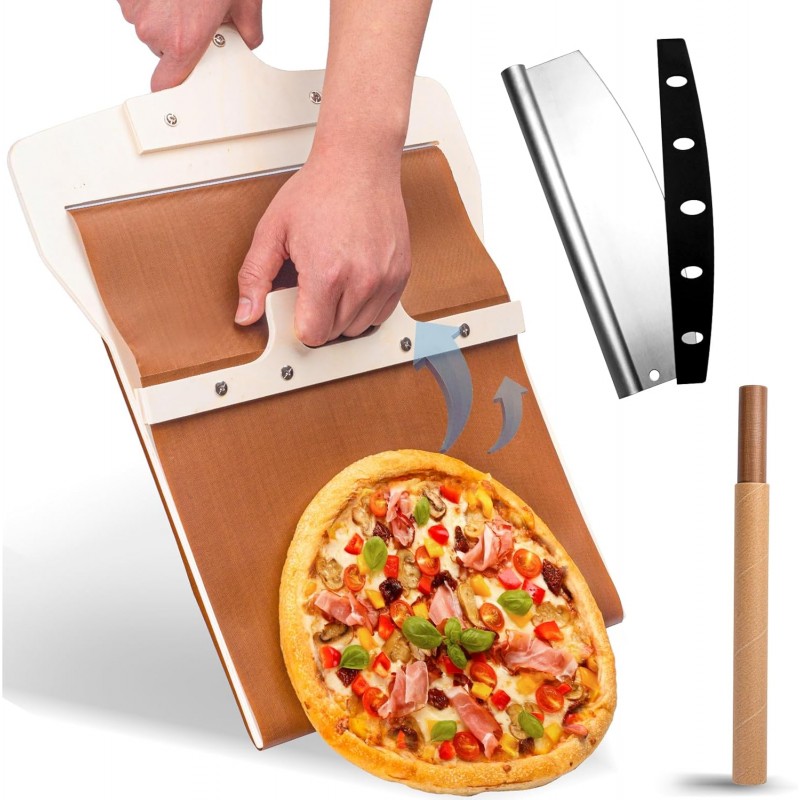 Sliding Pizza Peel, Pizza Slider Paddle with Pizza Cutter Rocker, Non-Stick Pizza Peel Slider with Handle Detachable Transfers Pizza Pie, 12” Wood Sliding Pizza Peel with Replacement Cloth