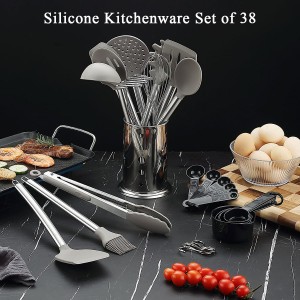 Kitchen Utensils Set, Kyraton 38 Pieces Non-Stick Silicone Cooking Utensils Set, Spoon Spatula Set with Sturdy Stainless Steel Utensil Holder, Dishwasher Safe