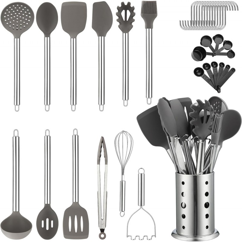 Kitchen Utensils Set, Kyraton 38 Pieces Non-Stick Silicone Cooking Utensils Set, Spoon Spatula Set with Sturdy Stainless Steel Utensil Holder, Dishwasher Safe
