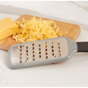 RSVP International Paddle Grater, Etched Steel Blades, Stainless Steel Hand Held Kitchen Cheese & Vegetable Shredder Comfort Grip Handle and Anti-Slip Foot, Safety Cover Included, Extra-Coarse