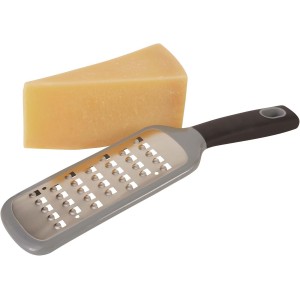 RSVP International Paddle Grater, Etched Steel Blades, Stainless Steel Hand Held Kitchen Cheese & Vegetable Shredder Comfort Grip Handle and Anti-Slip Foot, Safety Cover Included, Extra-Coarse