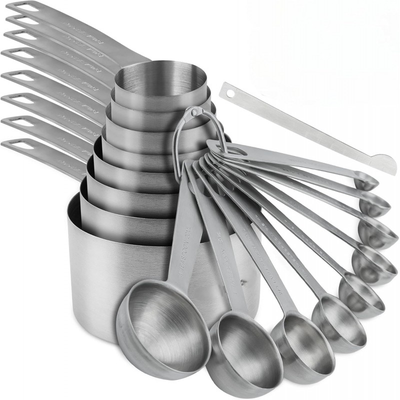 Smithcraft Measuring Cups and Spoons Set 18, Metric&US 18/8 Stainless Steel Measuring Cups and Spoons for Kitchen &Baking, Metal Measue Cup and Spoon for Dry&Liquid, 8 Measure Cups&9 Spoons w/Leveler