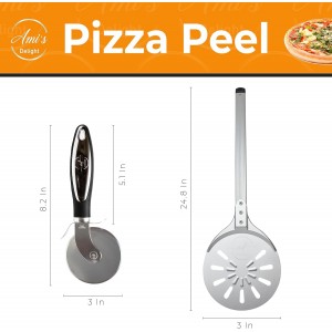 Ami’s Delight 8-Inch Perforated Pizza Turning Peel with Free Pizza Cutter | Lightweight Aluminum Pizza Peel Spinner with Long Handle | Essential Pizza Oven Accessories