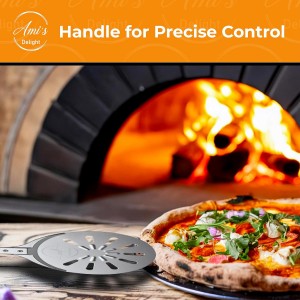 Ami’s Delight 8-Inch Perforated Pizza Turning Peel with Free Pizza Cutter | Lightweight Aluminum Pizza Peel Spinner with Long Handle | Essential Pizza Oven Accessories