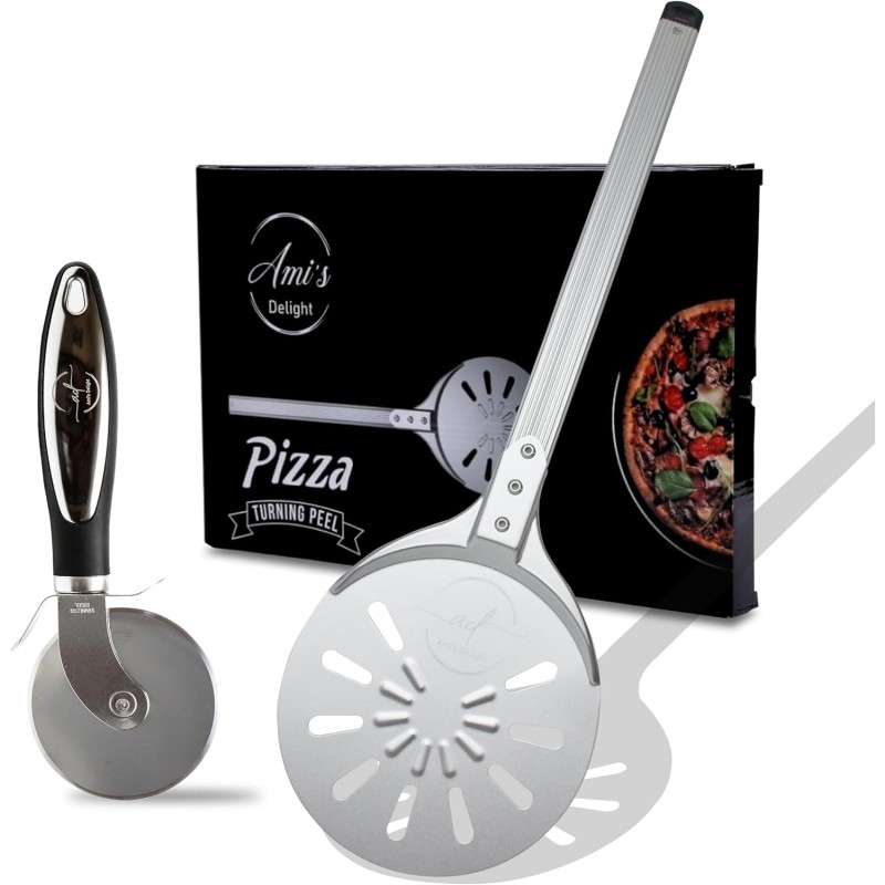 Ami’s Delight 8-Inch Perforated Pizza Turning Peel with Free Pizza Cutter | Lightweight Aluminum Pizza Peel Spinner with Long Handle | Essential Pizza Oven Accessories