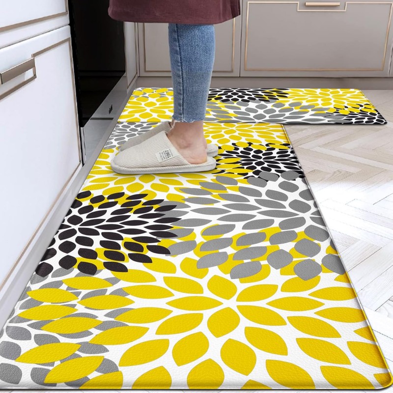 Likiyol Kitchen Mats for Floor [2 PCS] Anti-Fatigue Comfort Kitchen Rugs, Boho Flower Cushioned Waterproof Kitchen Decor Mat Thick, Standing Floor Mats for Home/Office, 18''x30''+18''x48''(Yellow)