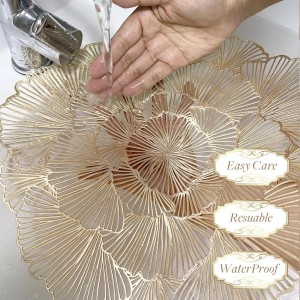 Round Placemats Pressed Vinyl Metallic Flower Place Mats Set of 6 Heat Resistant Dining Table Mats Gold Placemat for Wedding Party Kitchen Decorations