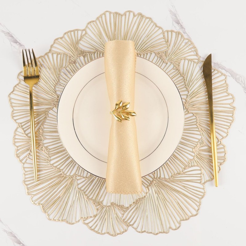 Round Placemats Pressed Vinyl Metallic Flower Place Mats Set of 6 Heat Resistant Dining Table Mats Gold Placemat for Wedding Party Kitchen Decorations