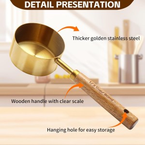Gold Measuring Cups and Spoons Set,8 Piece Premium Stainless Steel Measuring Cups with Wood Handles,4 Stackable Wooden Measuring Cups and 4 Measuring Spoons Set for Baking Supplies in the Kitchen