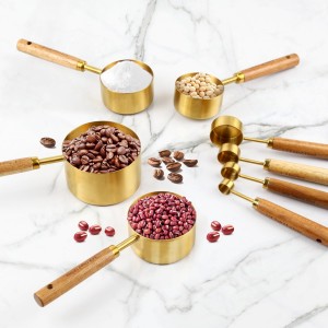 Gold Measuring Cups and Spoons Set,8 Piece Premium Stainless Steel Measuring Cups with Wood Handles,4 Stackable Wooden Measuring Cups and 4 Measuring Spoons Set for Baking Supplies in the Kitchen