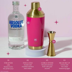 Paris Hilton 2-Piece Cocktail Shaker Set, Double Wall Insulated Stainless Steel Mixer with Built-In Strainer and Double-Sided Jigger, 20-Ounce, Gold and Hot Pink
