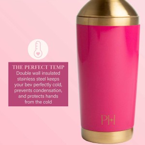 Paris Hilton 2-Piece Cocktail Shaker Set, Double Wall Insulated Stainless Steel Mixer with Built-In Strainer and Double-Sided Jigger, 20-Ounce, Gold and Hot Pink