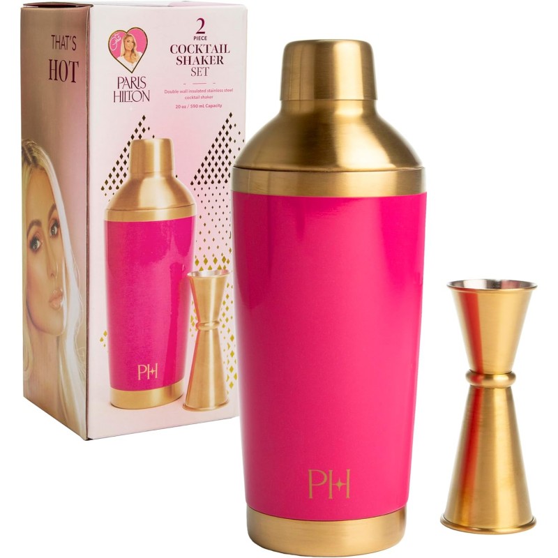 Paris Hilton 2-Piece Cocktail Shaker Set, Double Wall Insulated Stainless Steel Mixer with Built-In Strainer and Double-Sided Jigger, 20-Ounce, Gold and Hot Pink
