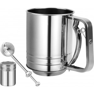 Flour Sifter Stainless Steel,3 Cup Flour Sifters for Baking,3 in1 Sifter for Baking with Powdered Sugar Shaker Duster, Flour Shaker Duster for Baking Cakes, Pastries, Pies, Cupcakes and Desserts