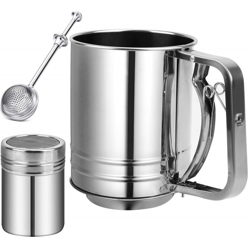 Flour Sifter Stainless Steel,3 Cup Flour Sifters for Baking,3 in1 Sifter for Baking with Powdered Sugar Shaker Duster, Flour Shaker Duster for Baking Cakes, Pastries, Pies, Cupcakes and Desserts