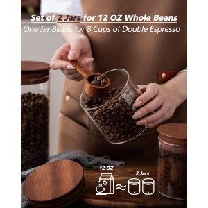 17 oz Coffee Canister with Scoop and Wooden Lids, Airtight Glass Coffee Beans Storage Container Sets of 2 for Ground Coffee,Food Storge Jars for Ground Coffee Bar Cereal Snack