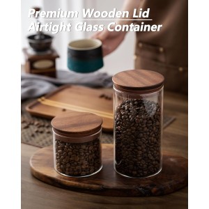 17 oz Coffee Canister with Scoop and Wooden Lids, Airtight Glass Coffee Beans Storage Container Sets of 2 for Ground Coffee,Food Storge Jars for Ground Coffee Bar Cereal Snack