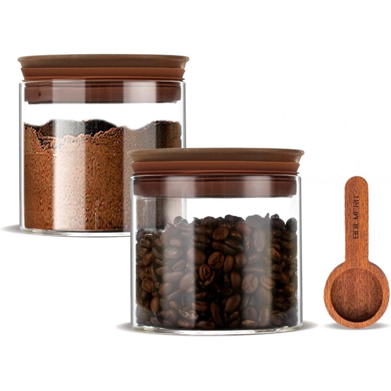 17 oz Coffee Canister with Scoop and Wooden Lids, Airtight Glass Coffee Beans Storage Container Sets of 2 for Ground Coffee,Food Storge Jars for Ground Coffee Bar Cereal Snack
