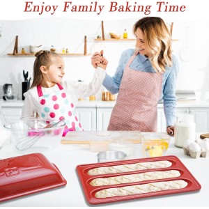 French Bread Baking Pan with Three Independent Slots and Cover,Ceramic Rectangular Bread Baking Tray with Even Heating and Crispy Crusts