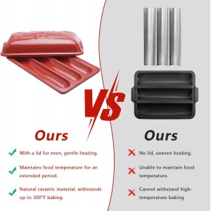 French Bread Baking Pan with Three Independent Slots and Cover,Ceramic Rectangular Bread Baking Tray with Even Heating and Crispy Crusts