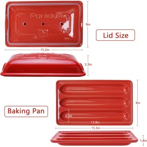 French Bread Baking Pan with Three Independent Slots and Cover,Ceramic Rectangular Bread Baking Tray with Even Heating and Crispy Crusts