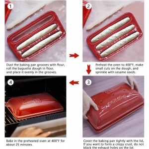 French Bread Baking Pan with Three Independent Slots and Cover,Ceramic Rectangular Bread Baking Tray with Even Heating and Crispy Crusts