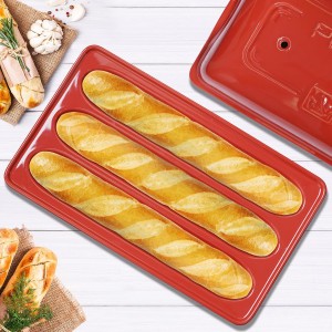 French Bread Baking Pan with Three Independent Slots and Cover,Ceramic Rectangular Bread Baking Tray with Even Heating and Crispy Crusts