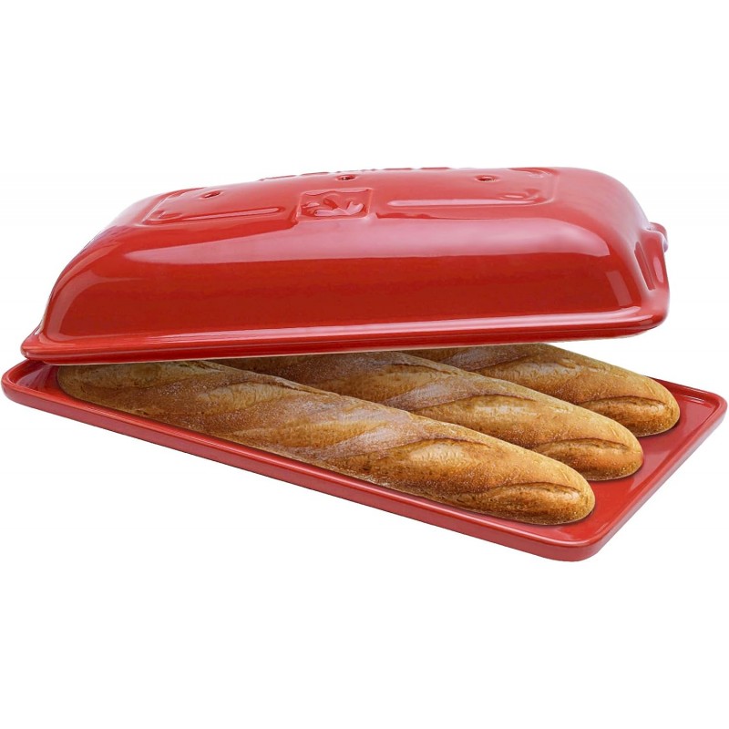 French Bread Baking Pan with Three Independent Slots and Cover,Ceramic Rectangular Bread Baking Tray with Even Heating and Crispy Crusts