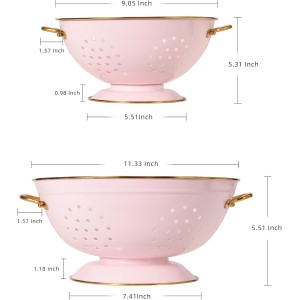 Metal Colander Set of 2, Strainer Basket with Handles 3.5 & 5 Qt Powder Coated Self-draining Solid Ring Base Metal Large Kitchen Colander Bowel for Pasta Vegetable Fruit (PINK)
