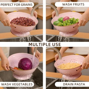 Metal Colander Set of 2, Strainer Basket with Handles 3.5 & 5 Qt Powder Coated Self-draining Solid Ring Base Metal Large Kitchen Colander Bowel for Pasta Vegetable Fruit (PINK)