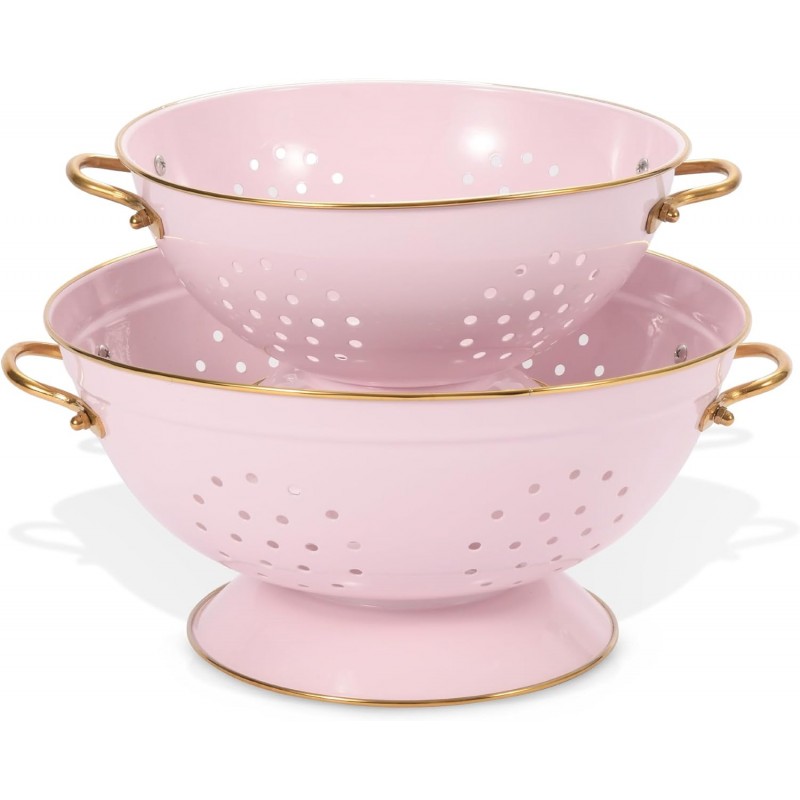 Metal Colander Set of 2, Strainer Basket with Handles 3.5 & 5 Qt Powder Coated Self-draining Solid Ring Base Metal Large Kitchen Colander Bowel for Pasta Vegetable Fruit (PINK)