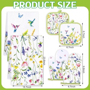 Qinyoung 6 Pcs Spring Floral Kitchen Towels Pot Holders and Oven Mitts Set Flowers Farmhouse Absorbent Dish Towels Heat Resistant Pot Holders and Oven Mitts for Cooking Baking