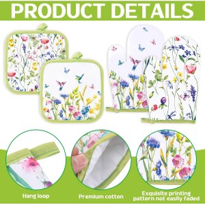 Qinyoung 6 Pcs Spring Floral Kitchen Towels Pot Holders and Oven Mitts Set Flowers Farmhouse Absorbent Dish Towels Heat Resistant Pot Holders and Oven Mitts for Cooking Baking